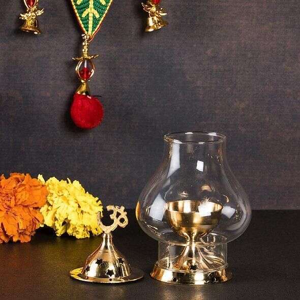 Brass Akhand Diya with Borosilicate Glass for Puja Home Temple Oil Lamp Tea Holder Mystical9