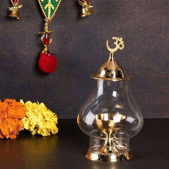 Brass Akhand Diya with Borosilicate Glass for Puja Home Temple Oil Lamp Tea Holder Mystical9