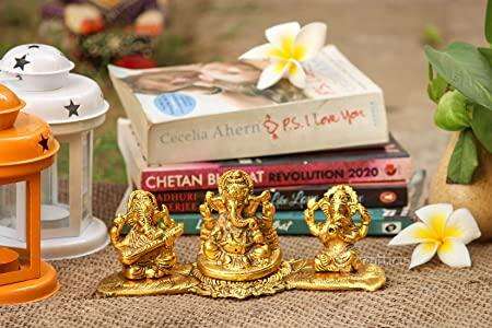 Design Gold Plated Lakshmi Ganesh Saraswati Idol with Deepak Showpiece Mystical9