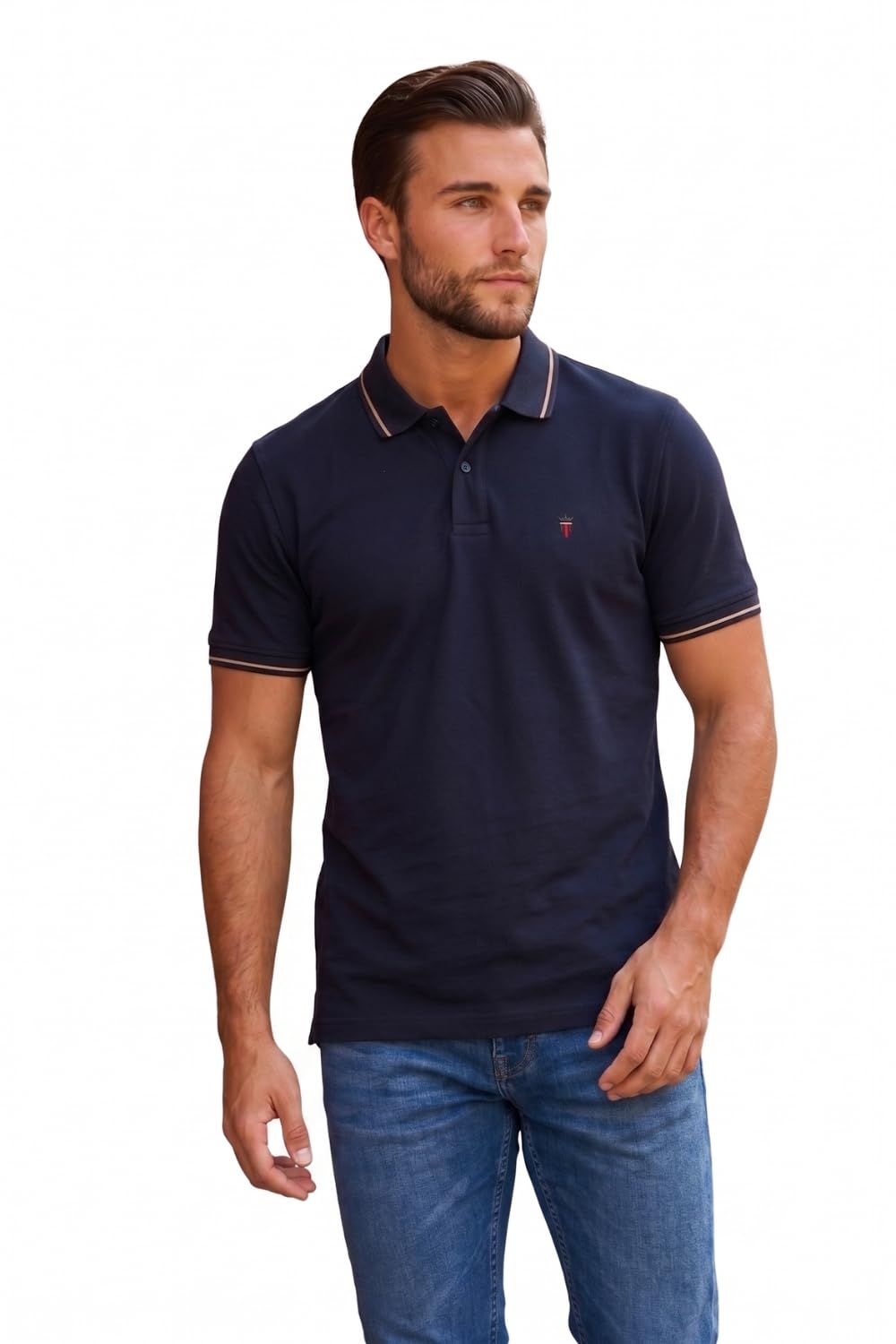 Louis Philippe Men's Slim Fit Single-Tuck Pique Stylized Sleeve Print and Contrast Tipping Half Sleeve Solid Cotton Polo Tshirt