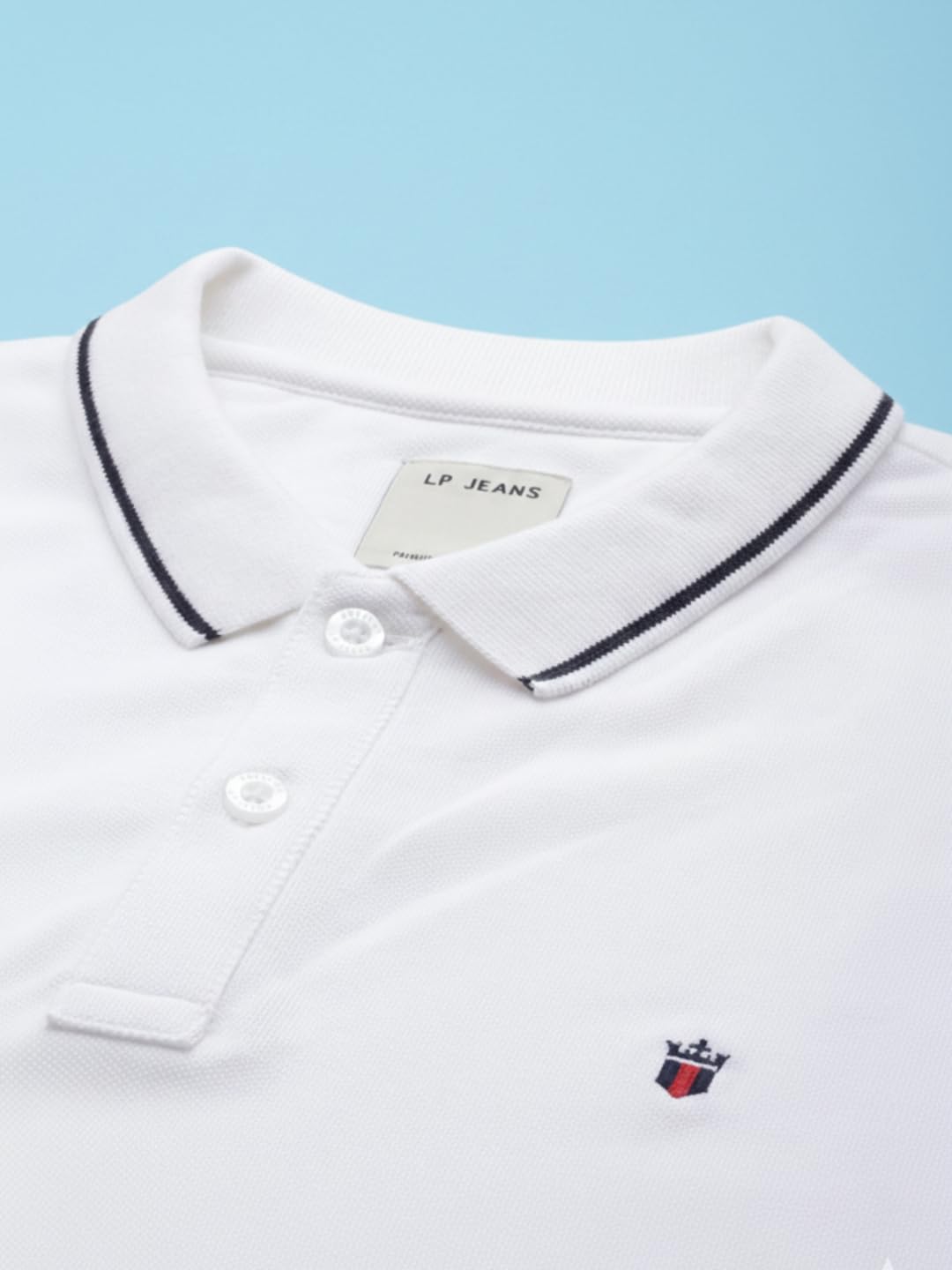Louis Philippe Men's Slim Fit Single-Tuck Pique Stylized Sleeve Print and Contrast Tipping Half Sleeve Solid Cotton Polo Tshirt