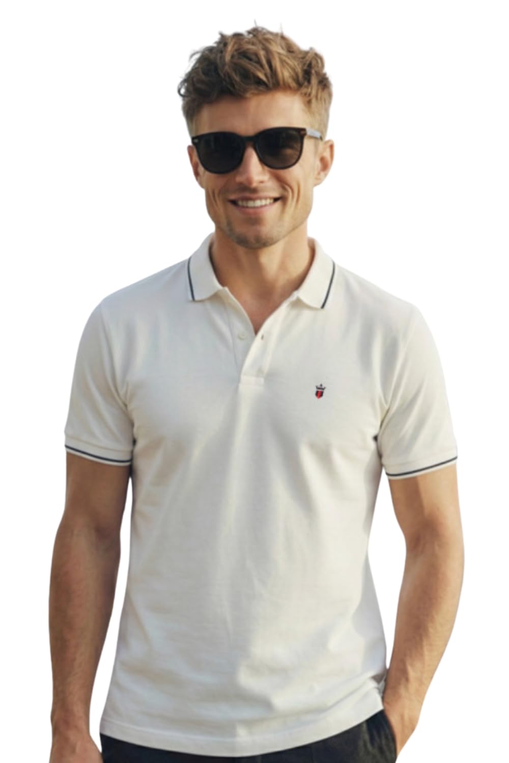Louis Philippe Men's Slim Fit Single-Tuck Pique Stylized Sleeve Print and Contrast Tipping Half Sleeve Solid Cotton Polo Tshirt