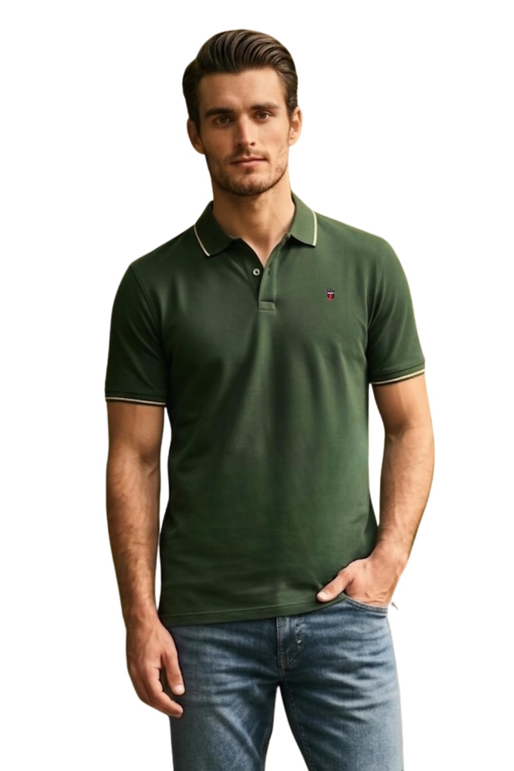 Louis Philippe Men's Slim Fit Single-Tuck Pique Stylized Sleeve Print and Contrast Tipping Half Sleeve Solid Cotton Polo Tshirt
