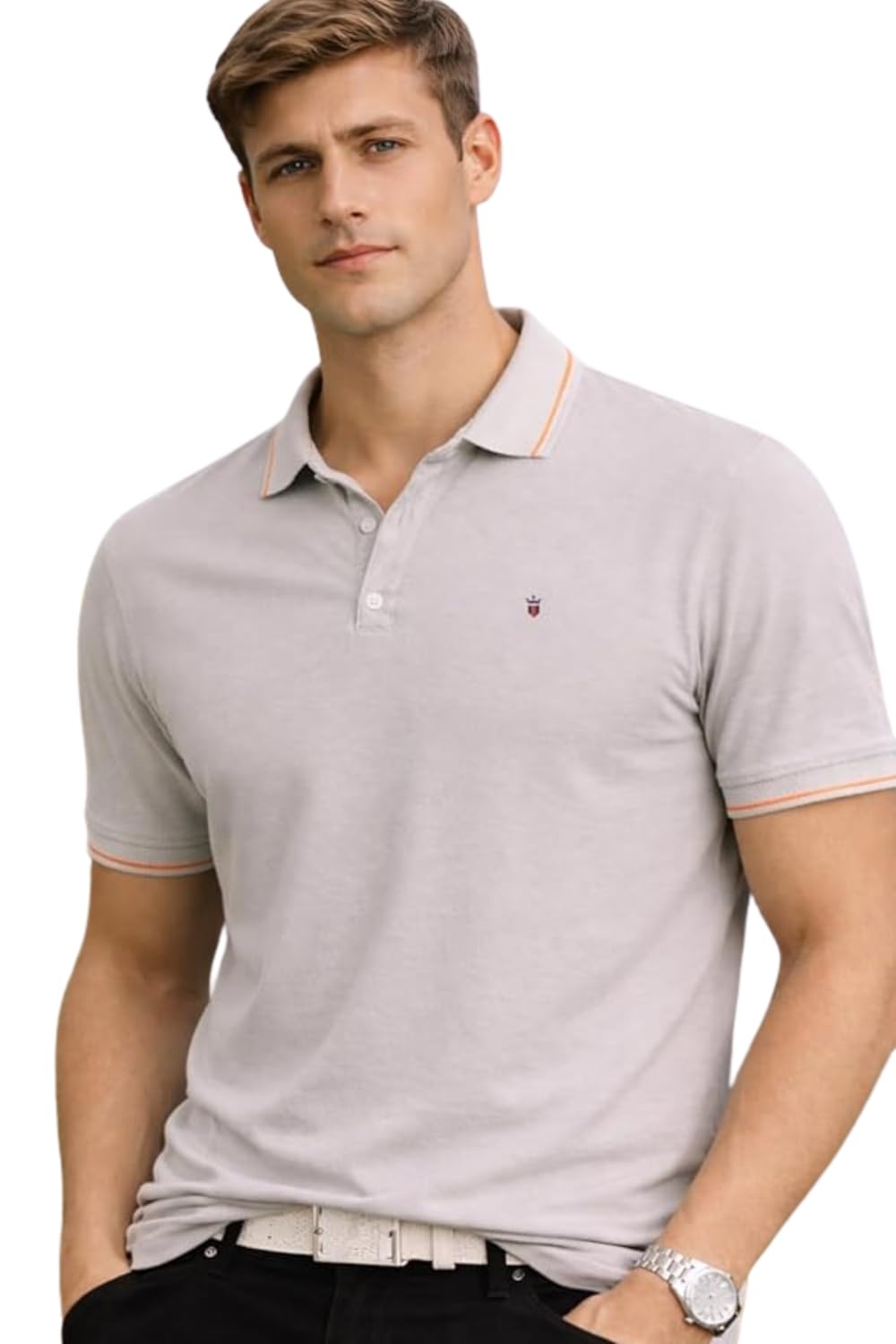 Louis Philippe Men's Slim Fit Single-Tuck Pique Stylized Sleeve Print and Contrast Tipping Half Sleeve Solid Cotton Polo Tshirt