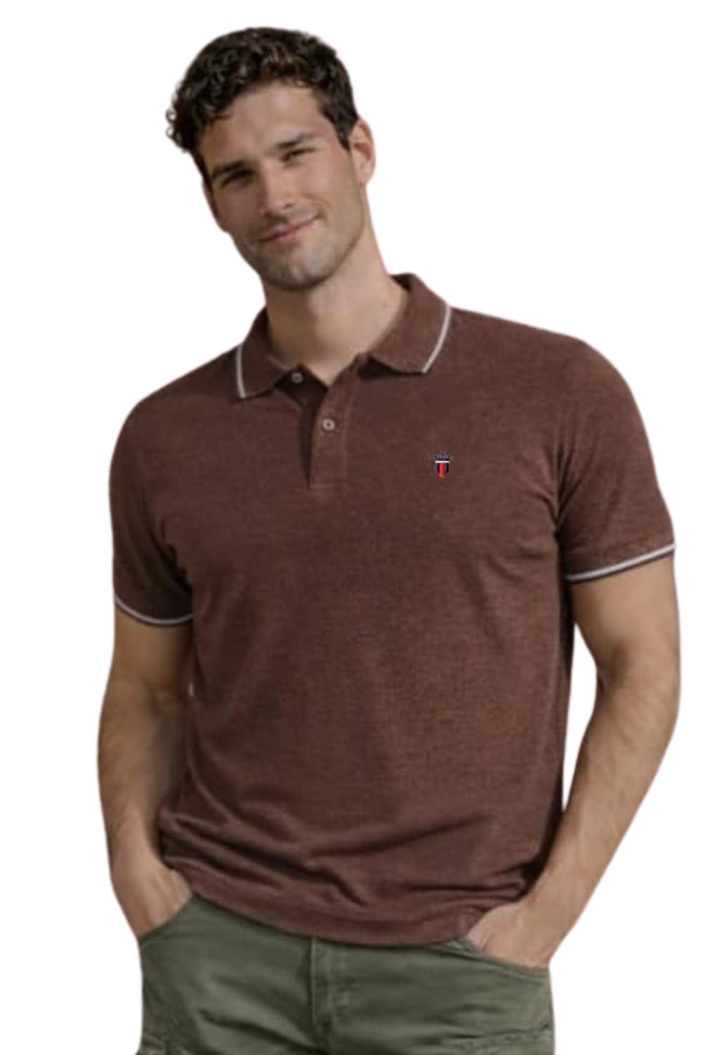 Louis Philippe Men's Slim Fit Single-Tuck Pique Stylized Sleeve Print and Contrast Tipping Half Sleeve Solid Cotton Polo Tshirt