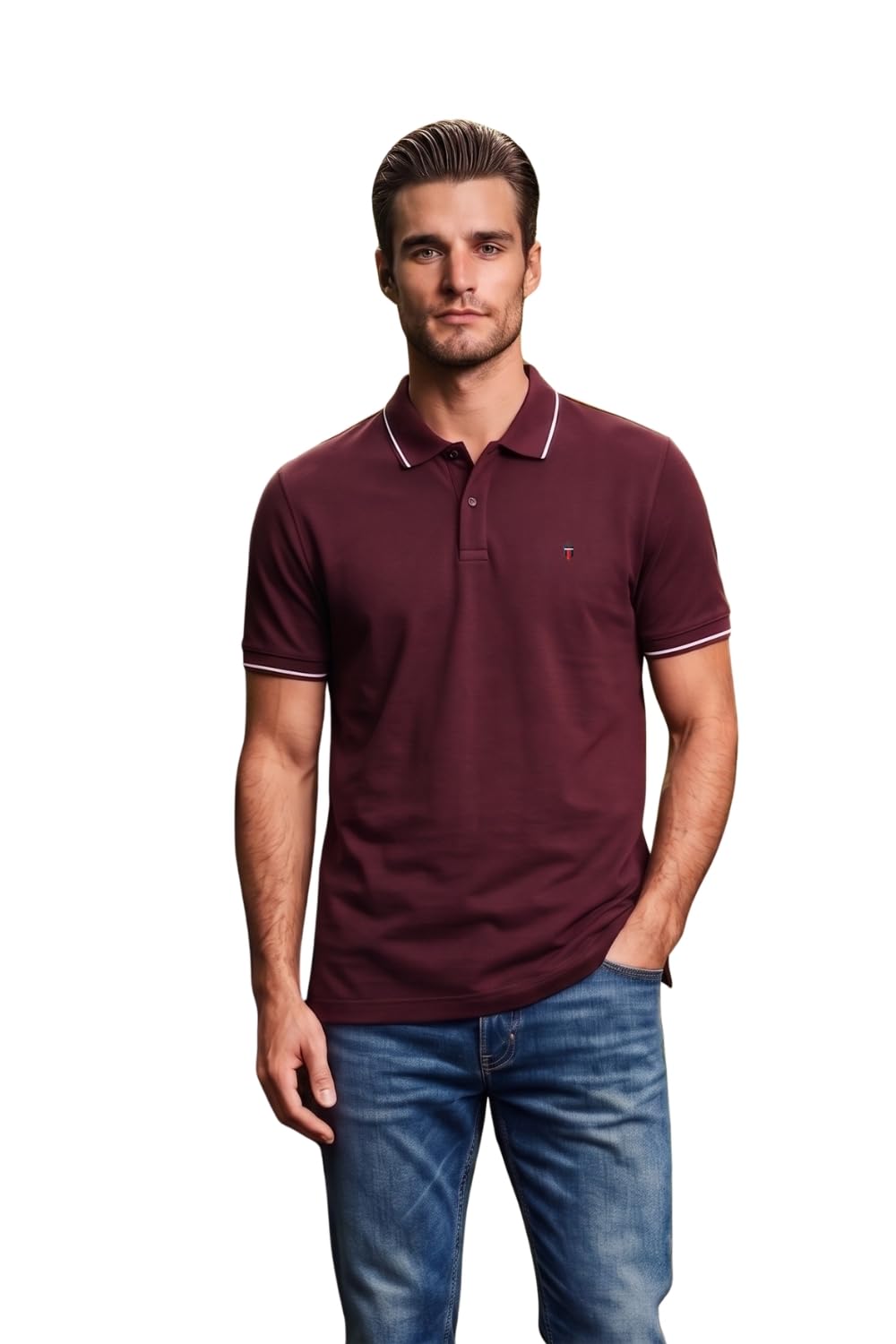 Louis Philippe Men's Slim Fit Single-Tuck Pique Stylized Sleeve Print and Contrast Tipping Half Sleeve Solid Cotton Polo Tshirt