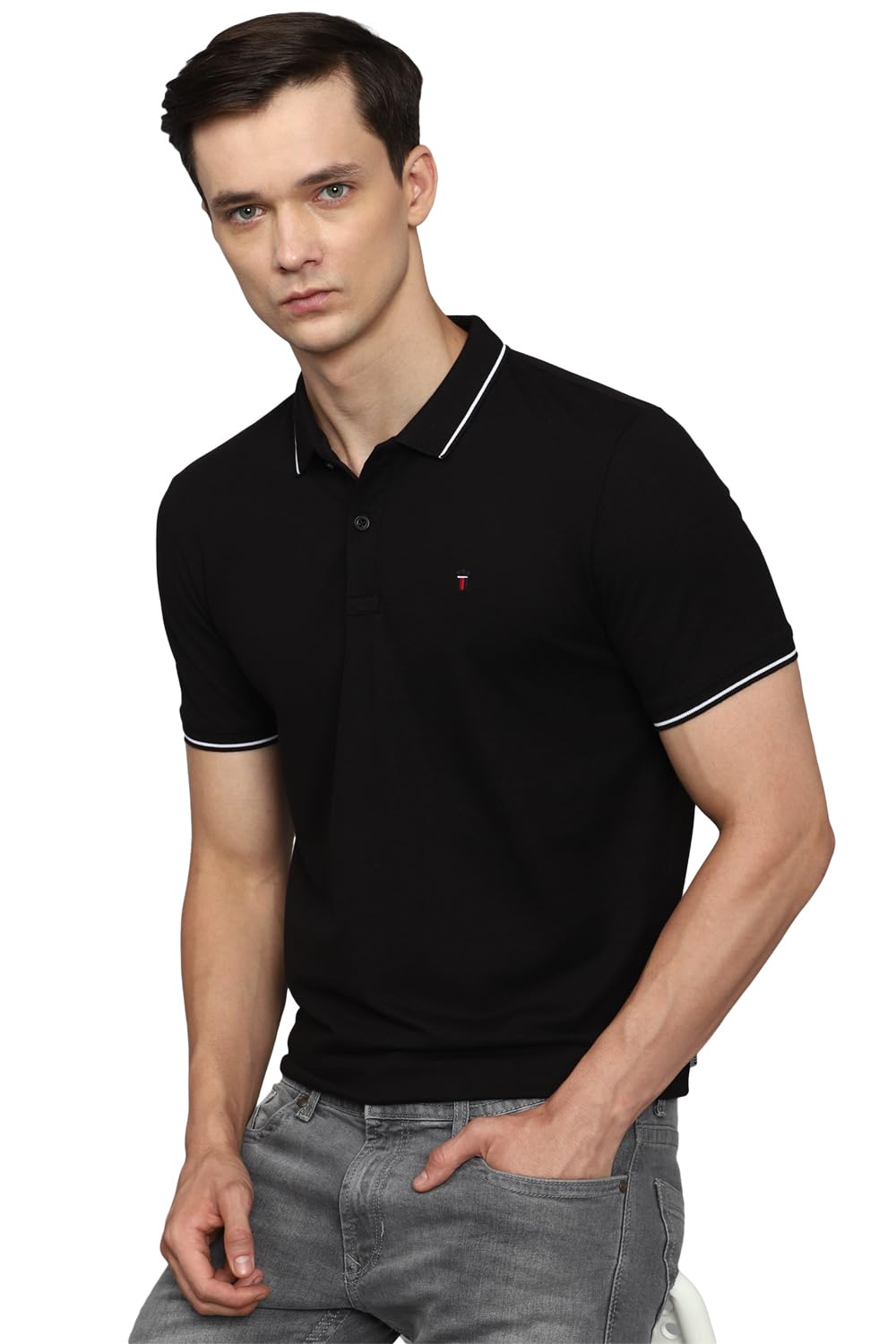 Louis Philippe Men's Slim Fit Single-Tuck Pique Stylized Sleeve Print and Contrast Tipping Half Sleeve Solid Cotton Polo Tshirt
