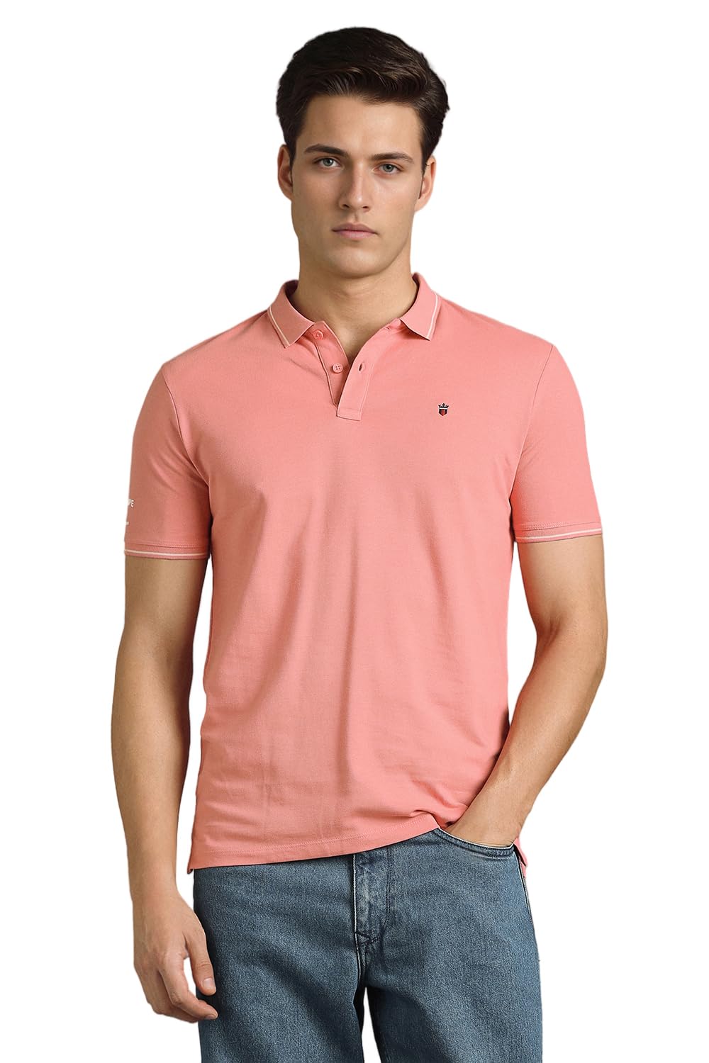 Louis Philippe Men's Slim Fit Single-Tuck Pique Stylized Sleeve Print and Contrast Tipping Half Sleeve Solid Cotton Polo Tshirt