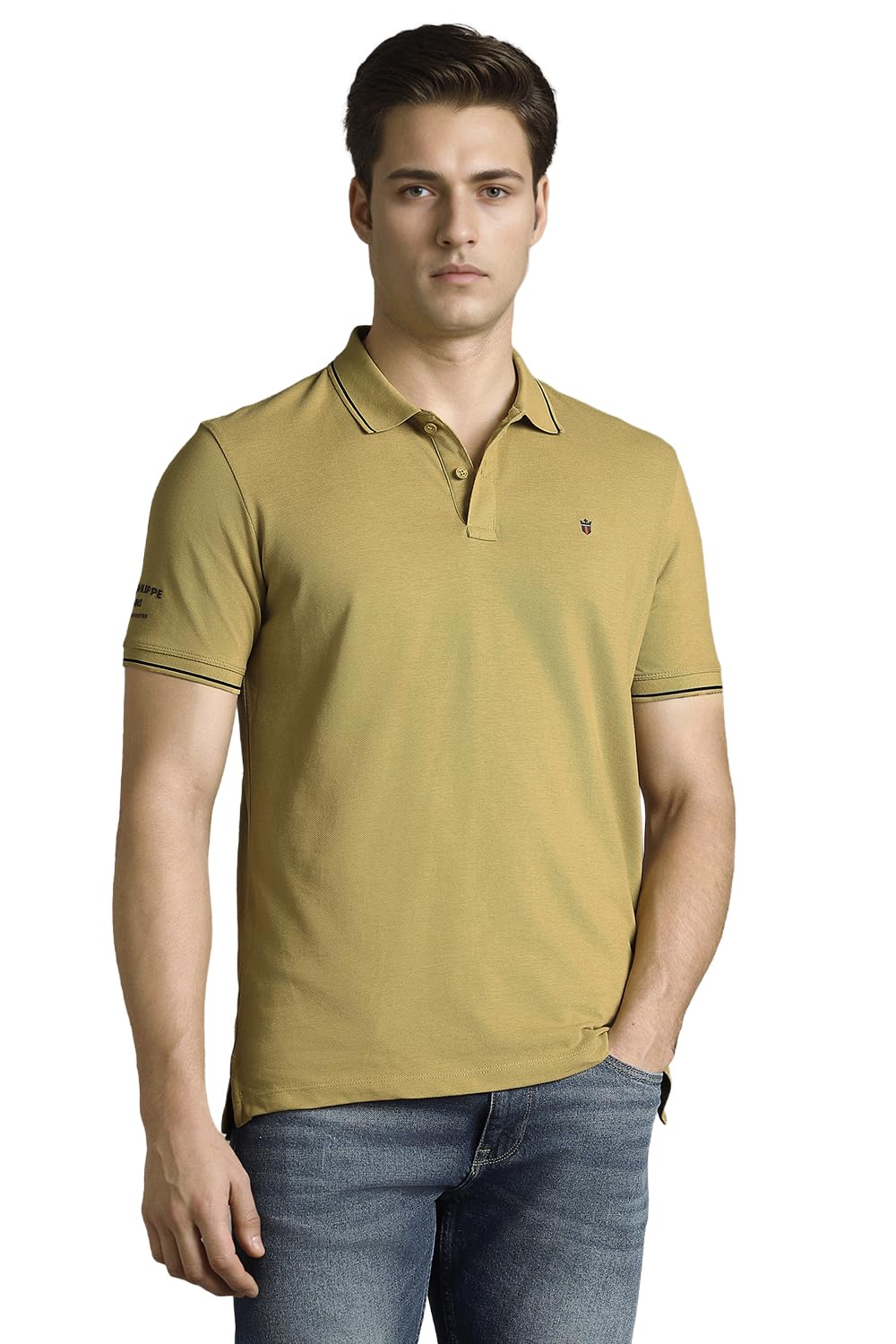Louis Philippe Men's Slim Fit Single-Tuck Pique Stylized Sleeve Print and Contrast Tipping Half Sleeve Solid Cotton Polo Tshirt