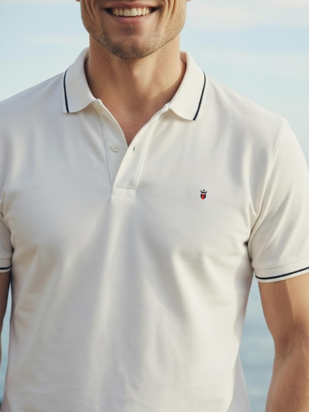 Louis Philippe Men's Slim Fit Single-Tuck Pique Stylized Sleeve Print and Contrast Tipping Half Sleeve Solid Cotton Polo Tshirt