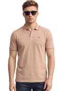 Louis Philippe Men's Slim Fit Single-Tuck Pique Stylized Sleeve Print and Contrast Tipping Half Sleeve Solid Cotton Polo Tshirt