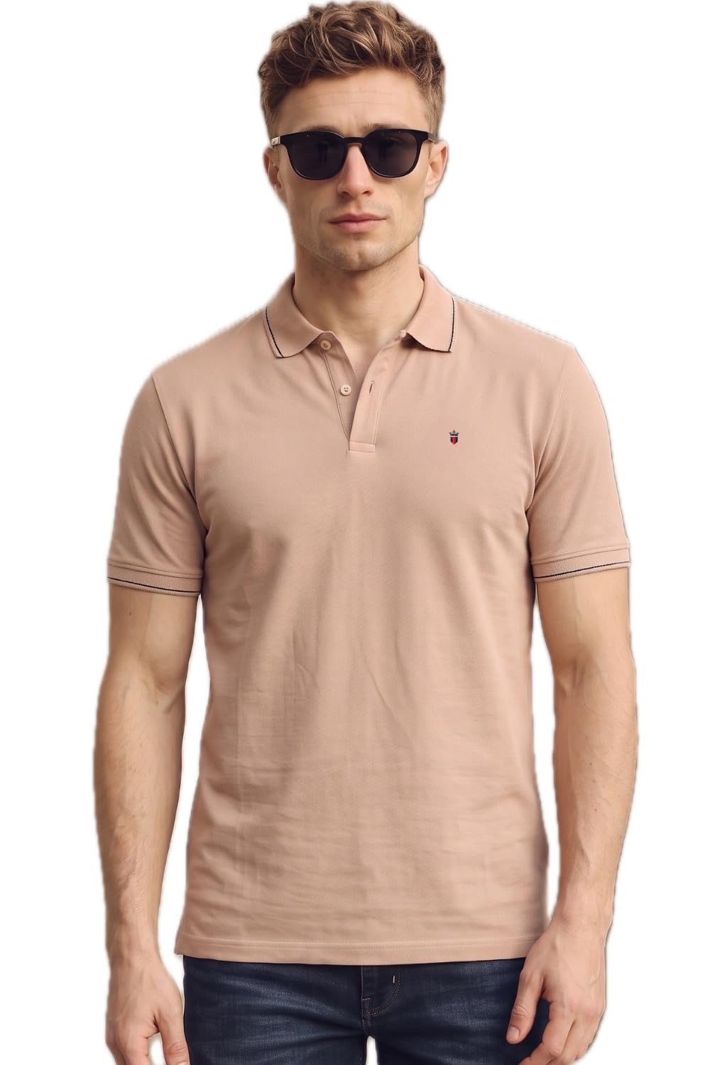 Louis Philippe Men's Slim Fit Single-Tuck Pique Stylized Sleeve Print and Contrast Tipping Half Sleeve Solid Cotton Polo Tshirt