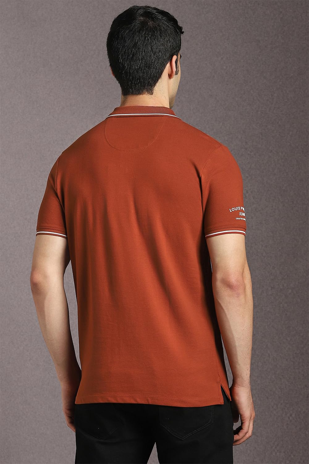 Louis Philippe Men's Slim Fit Single-Tuck Pique Stylized Sleeve Print and Contrast Tipping Half Sleeve Solid Cotton Polo Tshirt