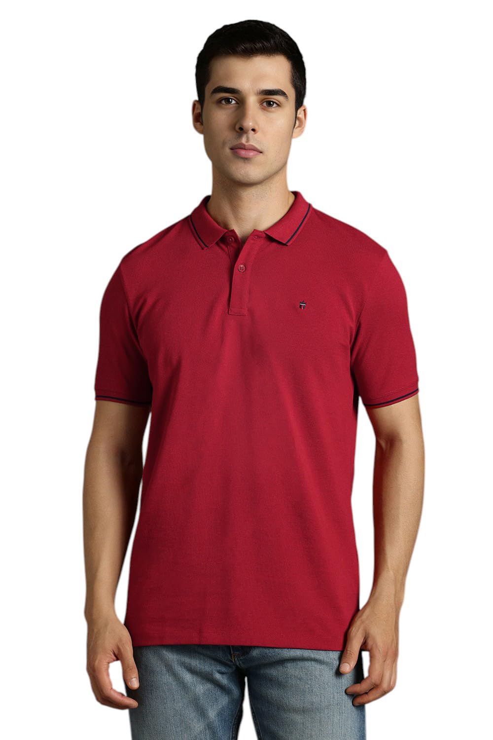 Louis Philippe Men's Slim Fit Single-Tuck Pique Stylized Sleeve Print and Contrast Tipping Half Sleeve Solid Cotton Polo Tshirt