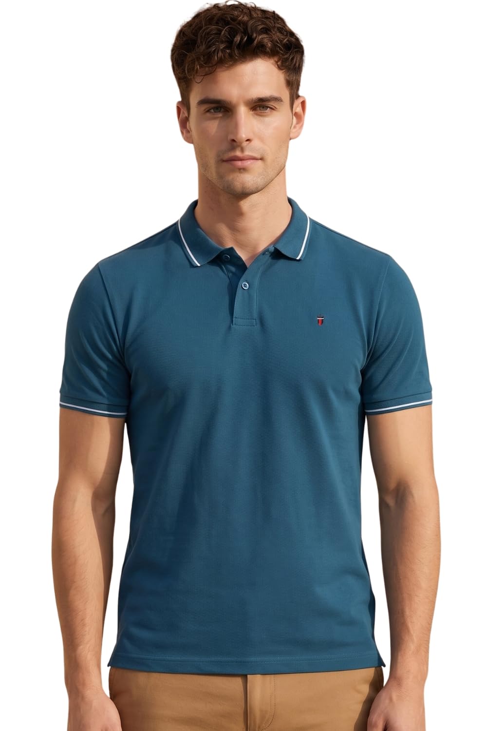 Louis Philippe Men's Slim Fit Single-Tuck Pique Stylized Sleeve Print and Contrast Tipping Half Sleeve Solid Cotton Polo Tshirt