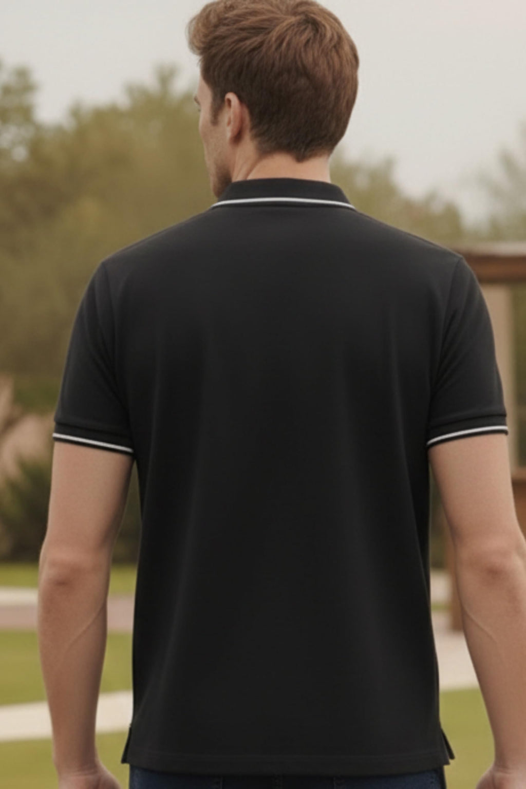 Louis Philippe Men's Slim Fit Single-Tuck Pique Stylized Sleeve Print and Contrast Tipping Half Sleeve Solid Cotton Polo Tshirt