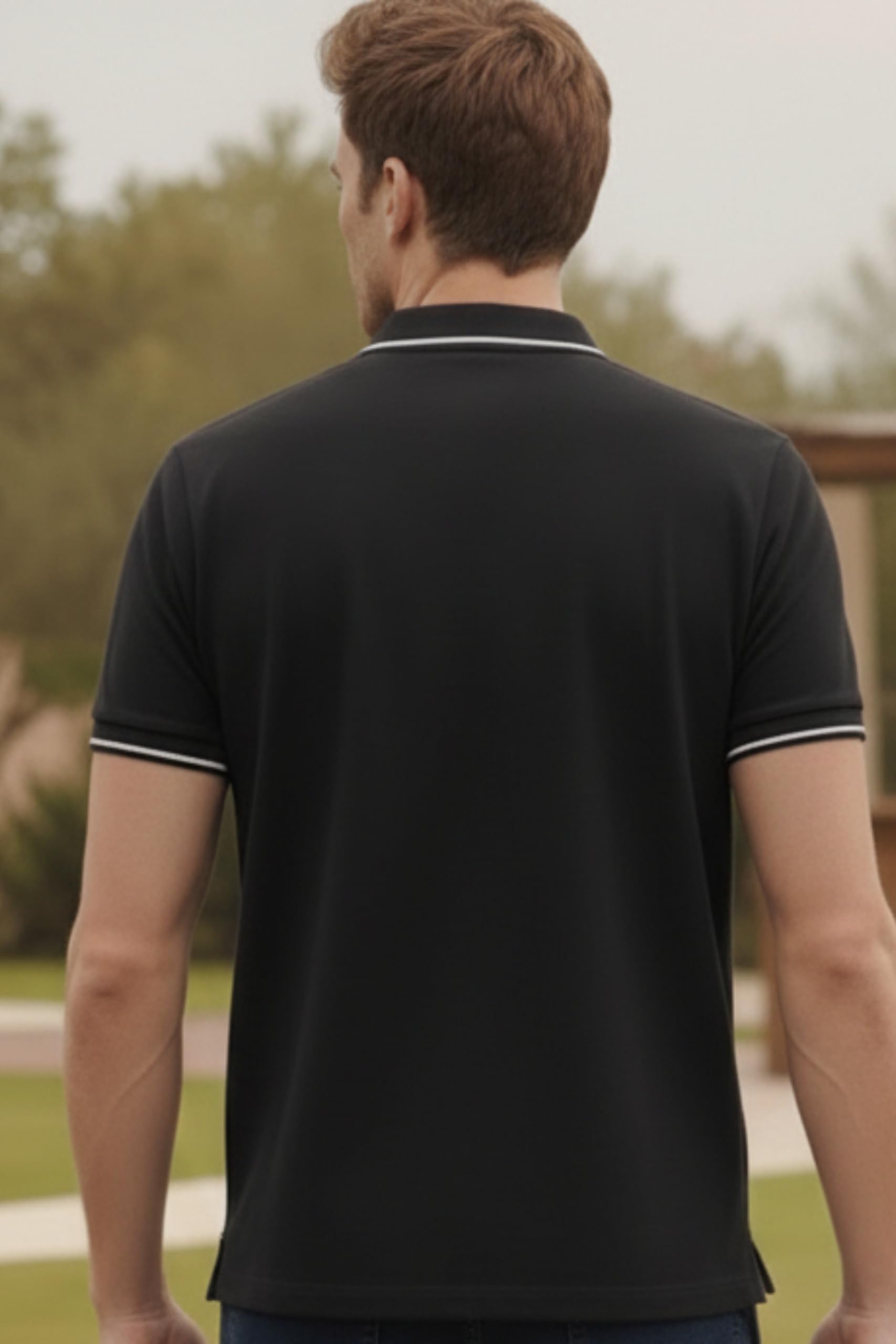 Louis Philippe Men's Slim Fit Single-Tuck Pique Stylized Sleeve Print and Contrast Tipping Half Sleeve Solid Cotton Polo Tshirt