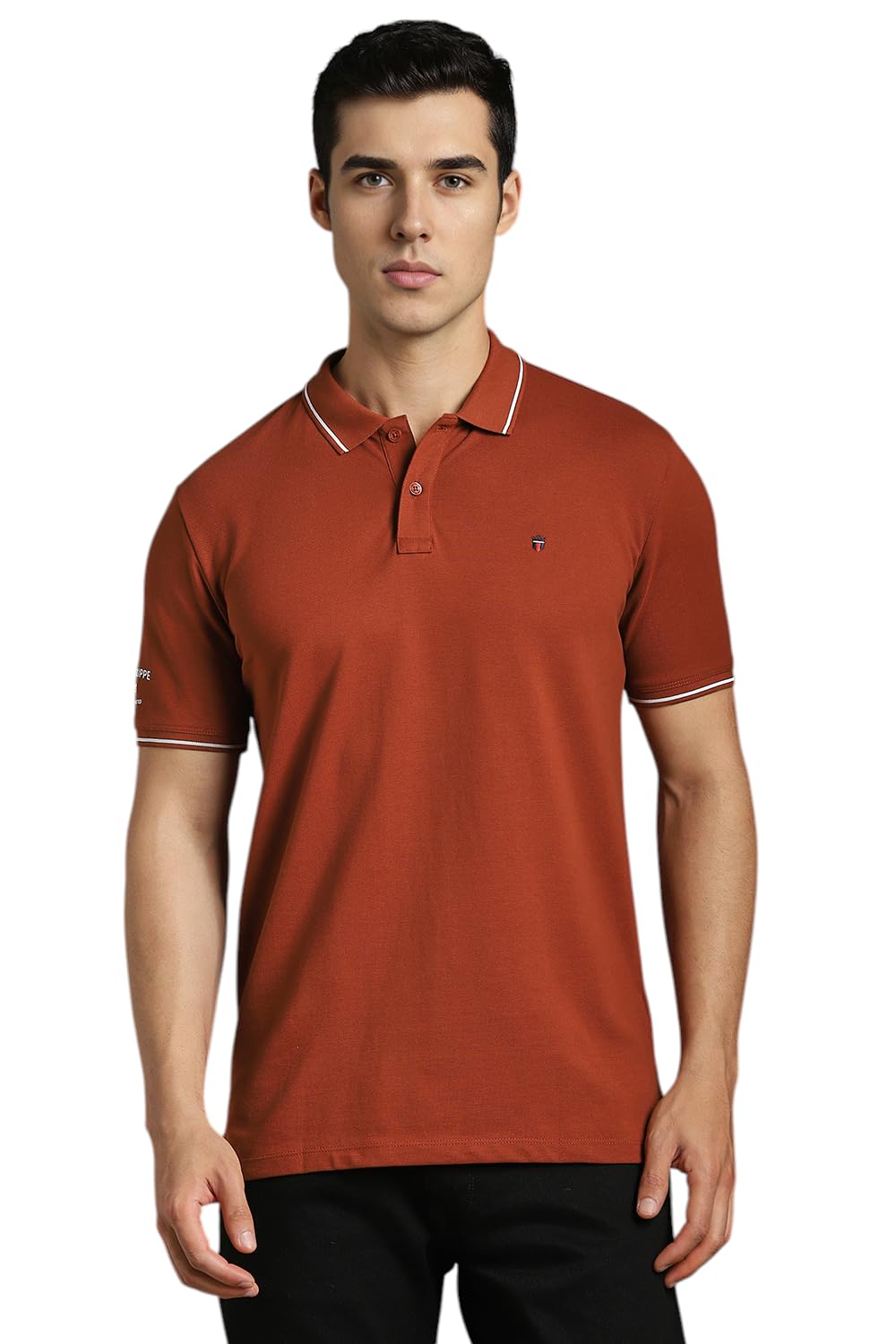 Louis Philippe Men's Slim Fit Single-Tuck Pique Stylized Sleeve Print and Contrast Tipping Half Sleeve Solid Cotton Polo Tshirt