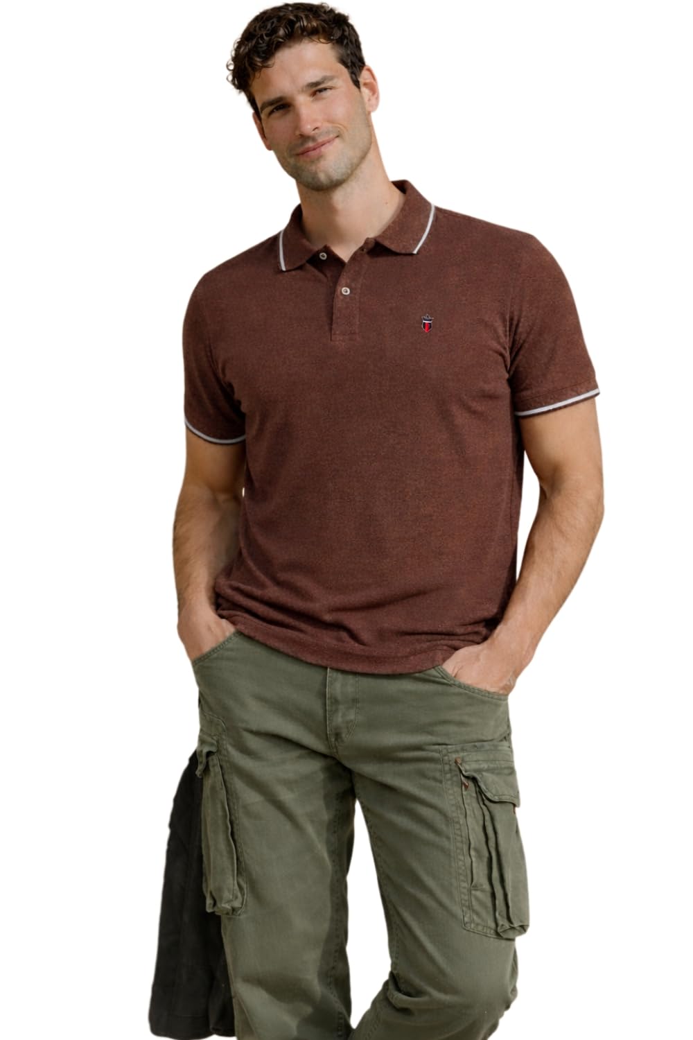 Louis Philippe Men's Slim Fit Single-Tuck Pique Stylized Sleeve Print and Contrast Tipping Half Sleeve Solid Cotton Polo Tshirt