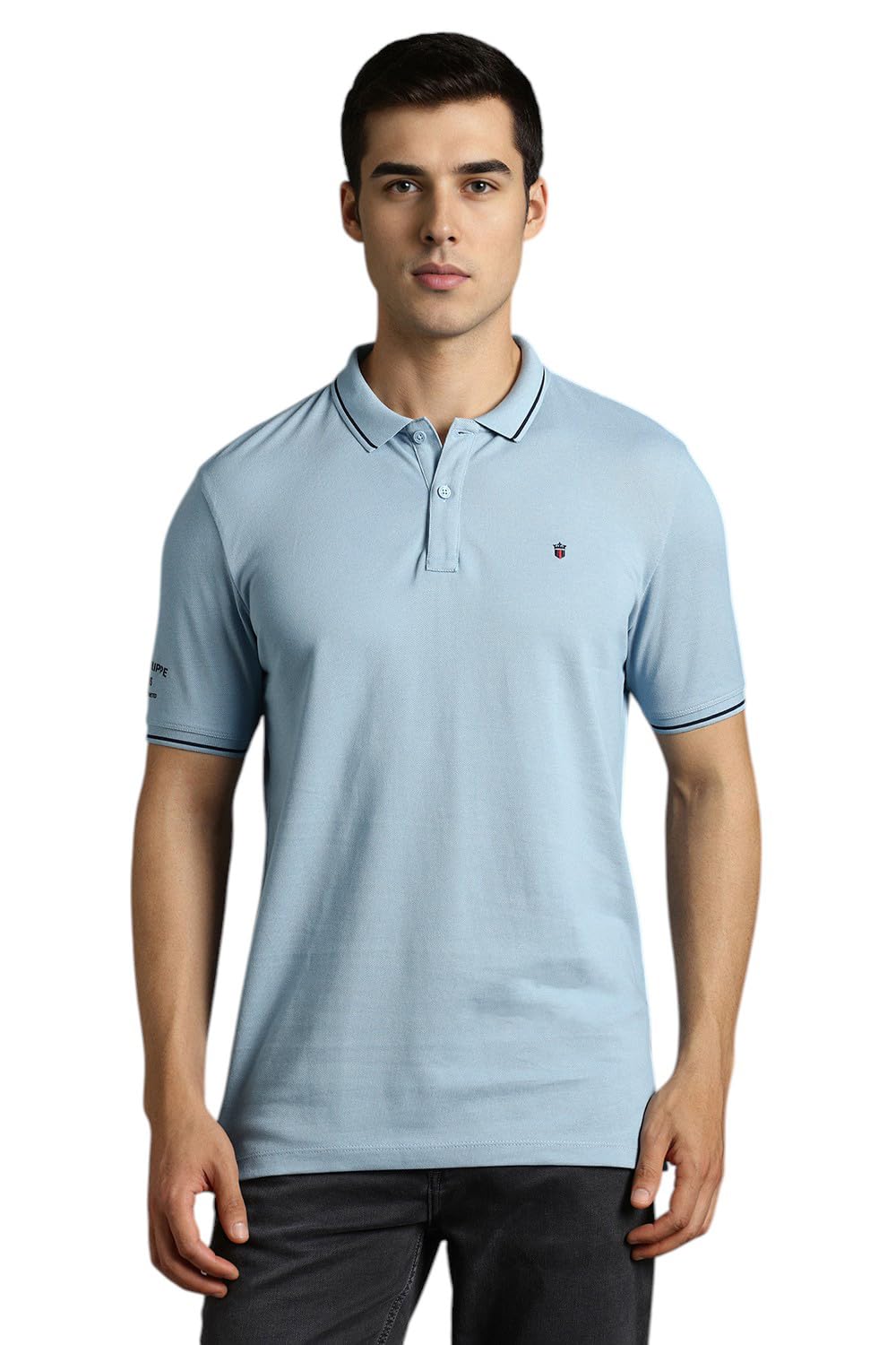 Louis Philippe Men's Slim Fit Single-Tuck Pique Stylized Sleeve Print and Contrast Tipping Half Sleeve Solid Cotton Polo Tshirt