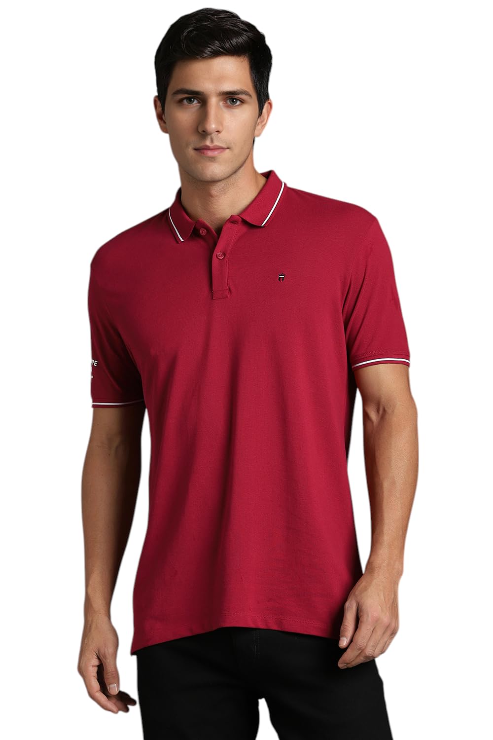 Louis Philippe Men's Slim Fit Single-Tuck Pique Stylized Sleeve Print and Contrast Tipping Half Sleeve Solid Cotton Polo Tshirt