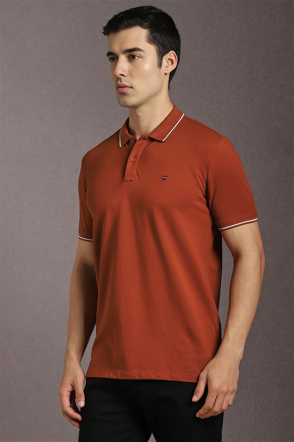 Louis Philippe Men's Slim Fit Single-Tuck Pique Stylized Sleeve Print and Contrast Tipping Half Sleeve Solid Cotton Polo Tshirt