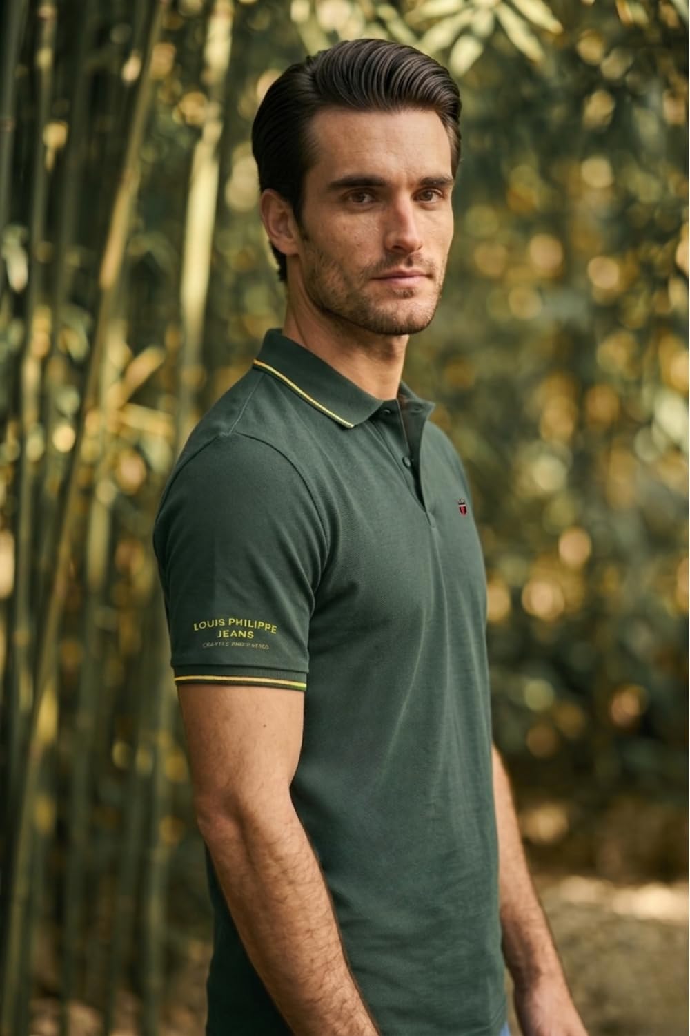 Louis Philippe Men's Slim Fit Single-Tuck Pique Stylized Sleeve Print and Contrast Tipping Half Sleeve Solid Cotton Polo Tshirt