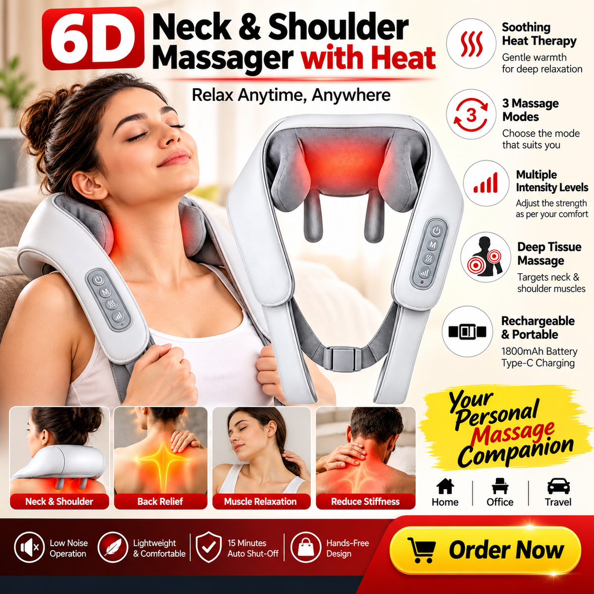 Smart 6D Neck Massager – Heat Therapy, Deep Kneading & Adjustable Intensity