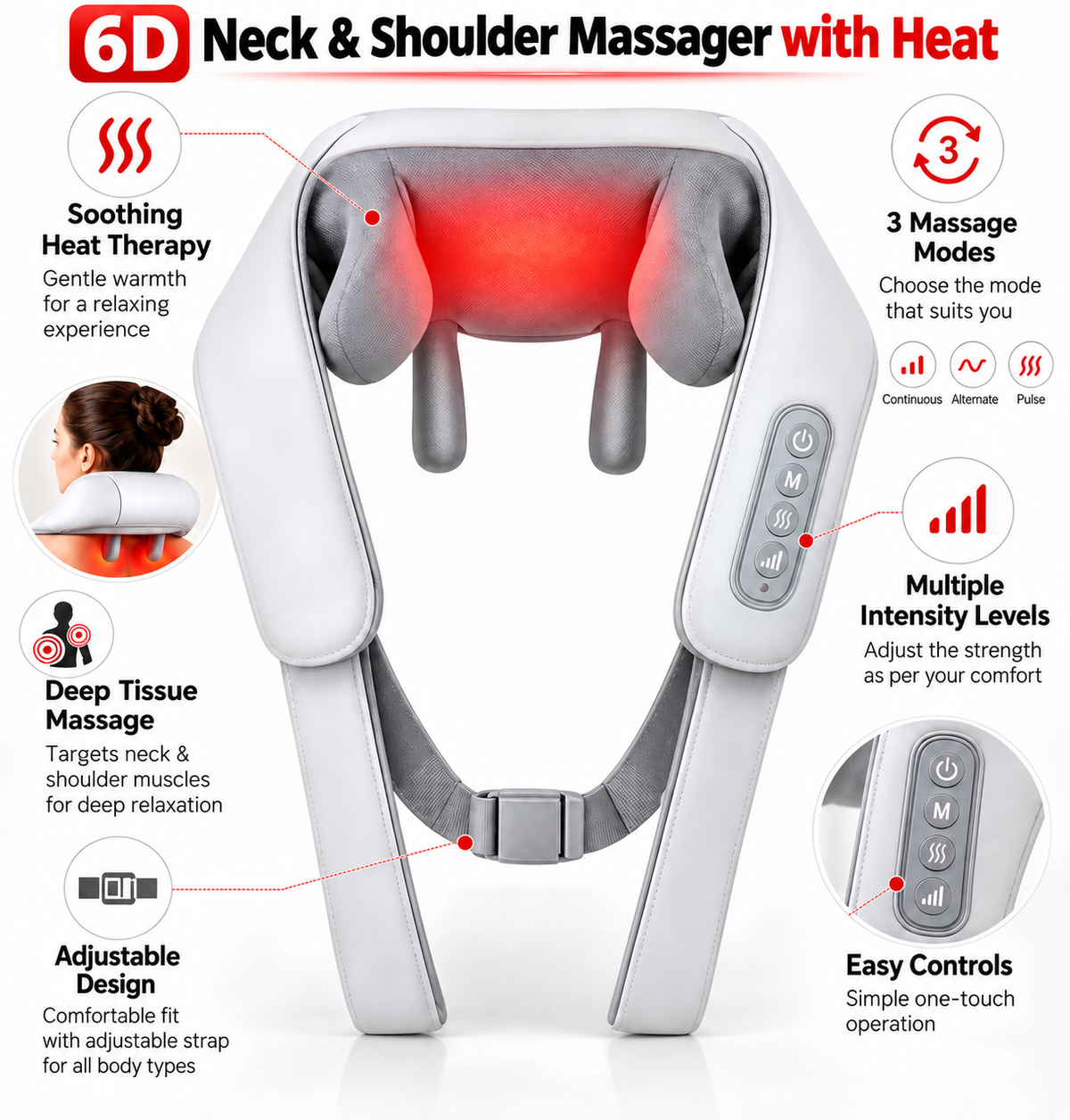 Smart 6D Neck Massager – Heat Therapy, Deep Kneading & Adjustable Intensity