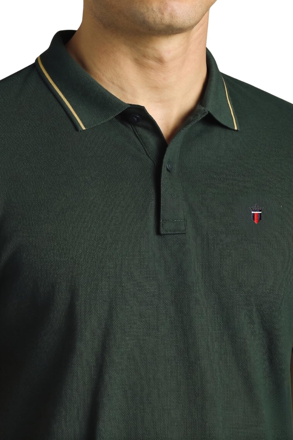 Louis Philippe Men's Slim Fit Single-Tuck Pique Stylized Sleeve Print and Contrast Tipping Half Sleeve Solid Cotton Polo Tshirt