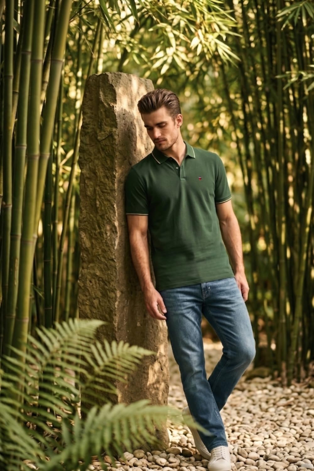 Louis Philippe Men's Slim Fit Single-Tuck Pique Stylized Sleeve Print and Contrast Tipping Half Sleeve Solid Cotton Polo Tshirt