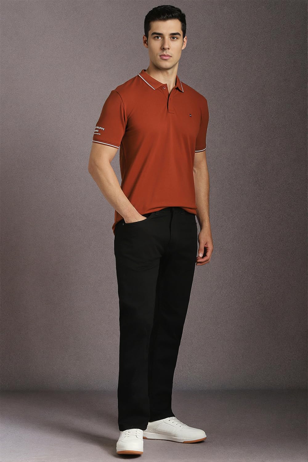Louis Philippe Men's Slim Fit Single-Tuck Pique Stylized Sleeve Print and Contrast Tipping Half Sleeve Solid Cotton Polo Tshirt