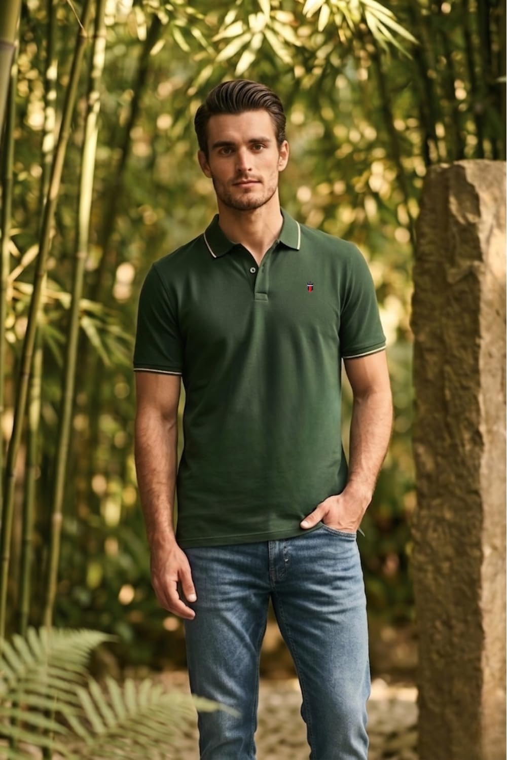 Louis Philippe Men's Slim Fit Single-Tuck Pique Stylized Sleeve Print and Contrast Tipping Half Sleeve Solid Cotton Polo Tshirt