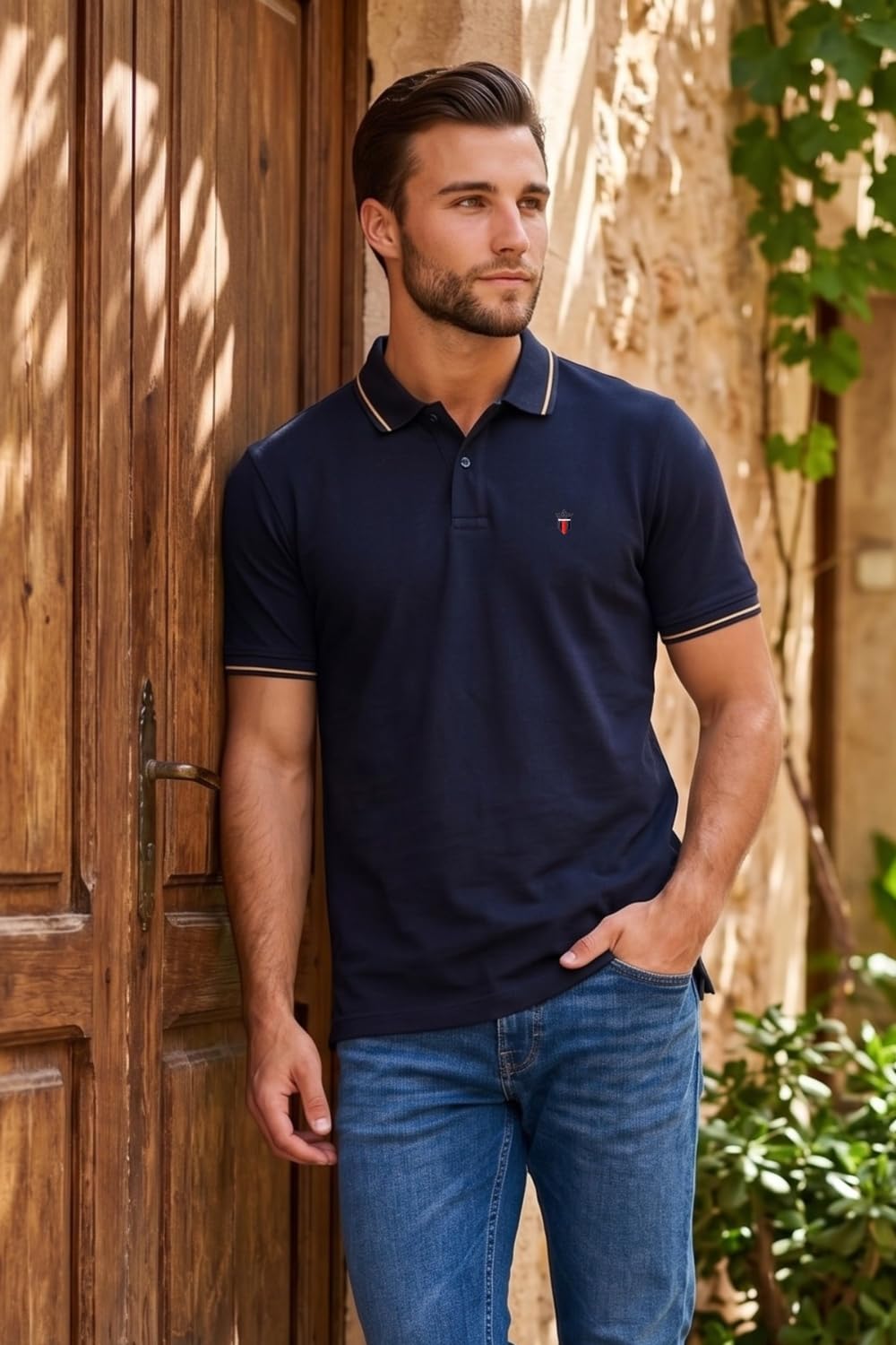 Louis Philippe Men's Slim Fit Single-Tuck Pique Stylized Sleeve Print and Contrast Tipping Half Sleeve Solid Cotton Polo Tshirt