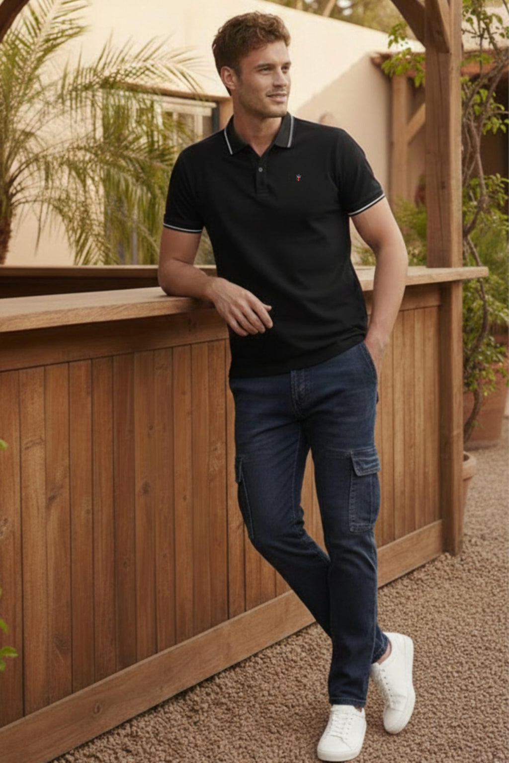 Louis Philippe Men's Slim Fit Single-Tuck Pique Stylized Sleeve Print and Contrast Tipping Half Sleeve Solid Cotton Polo Tshirt