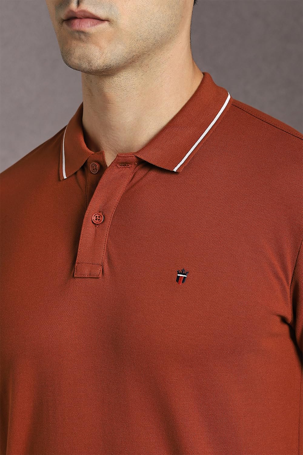 Louis Philippe Men's Slim Fit Single-Tuck Pique Stylized Sleeve Print and Contrast Tipping Half Sleeve Solid Cotton Polo Tshirt