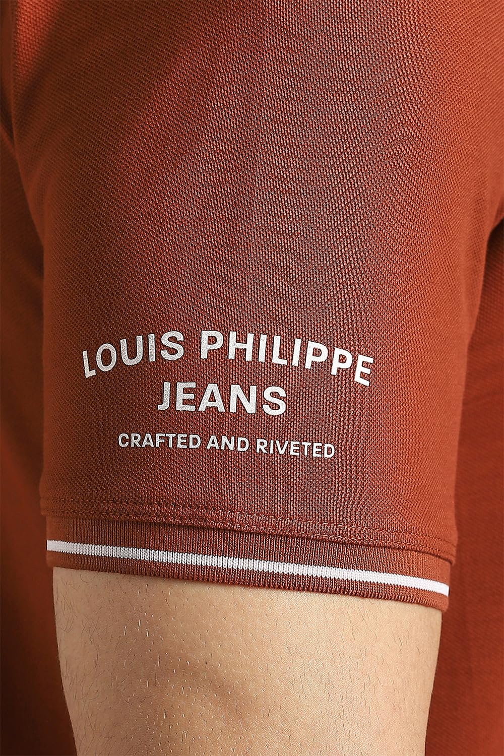Louis Philippe Men's Slim Fit Single-Tuck Pique Stylized Sleeve Print and Contrast Tipping Half Sleeve Solid Cotton Polo Tshirt