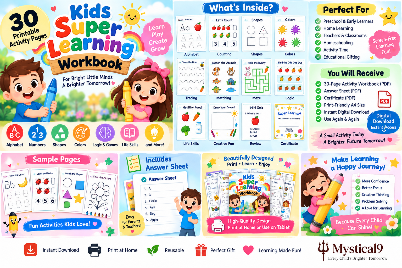 kids Super Learning Workbook – 30 Printable Activity Pages | Preschool & Early Learning PDF