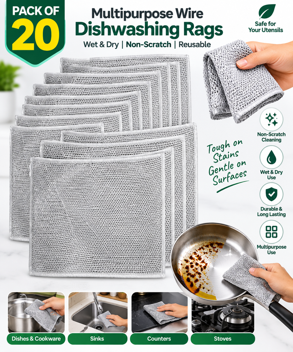 20 Pcs Multipurpose Wire Dishwashing Rags – Non-Scratch Reusable Kitchen Cleaning Cloth for Dishes, Sinks, Cookware & Counters | Wet & Dry Use