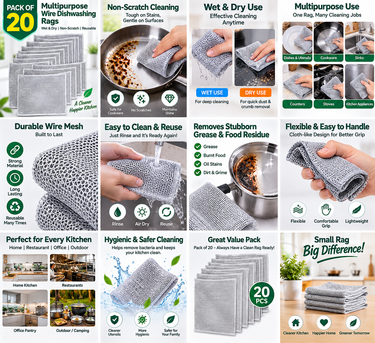 20 Pcs Multipurpose Wire Dishwashing Rags – Non-Scratch Reusable Kitchen Cleaning Cloth for Dishes, Sinks, Cookware & Counters | Wet & Dry Use