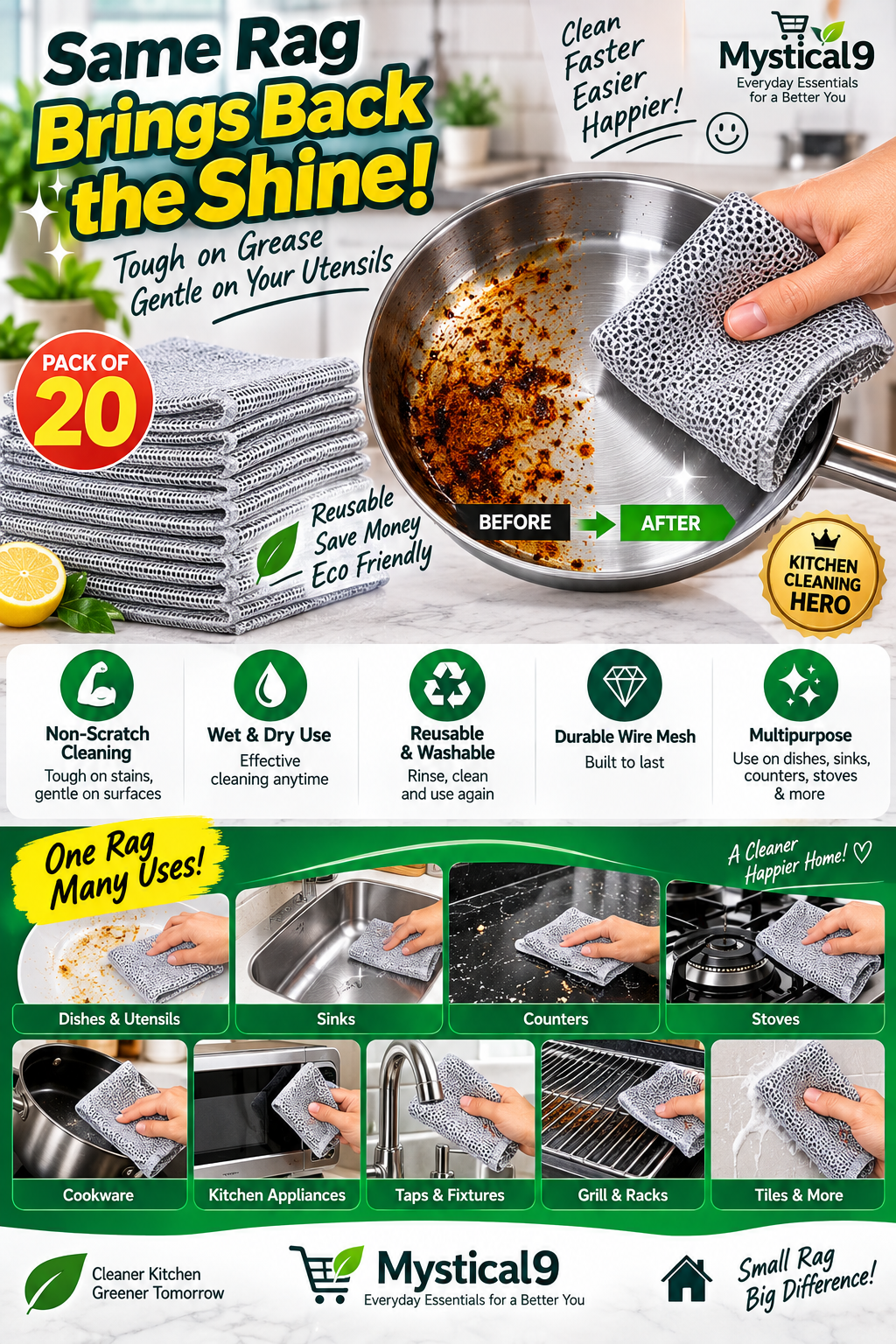 20 Pcs Multipurpose Wire Dishwashing Rags – Non-Scratch Reusable Kitchen Cleaning Cloth for Dishes, Sinks, Cookware & Counters | Wet & Dry Use