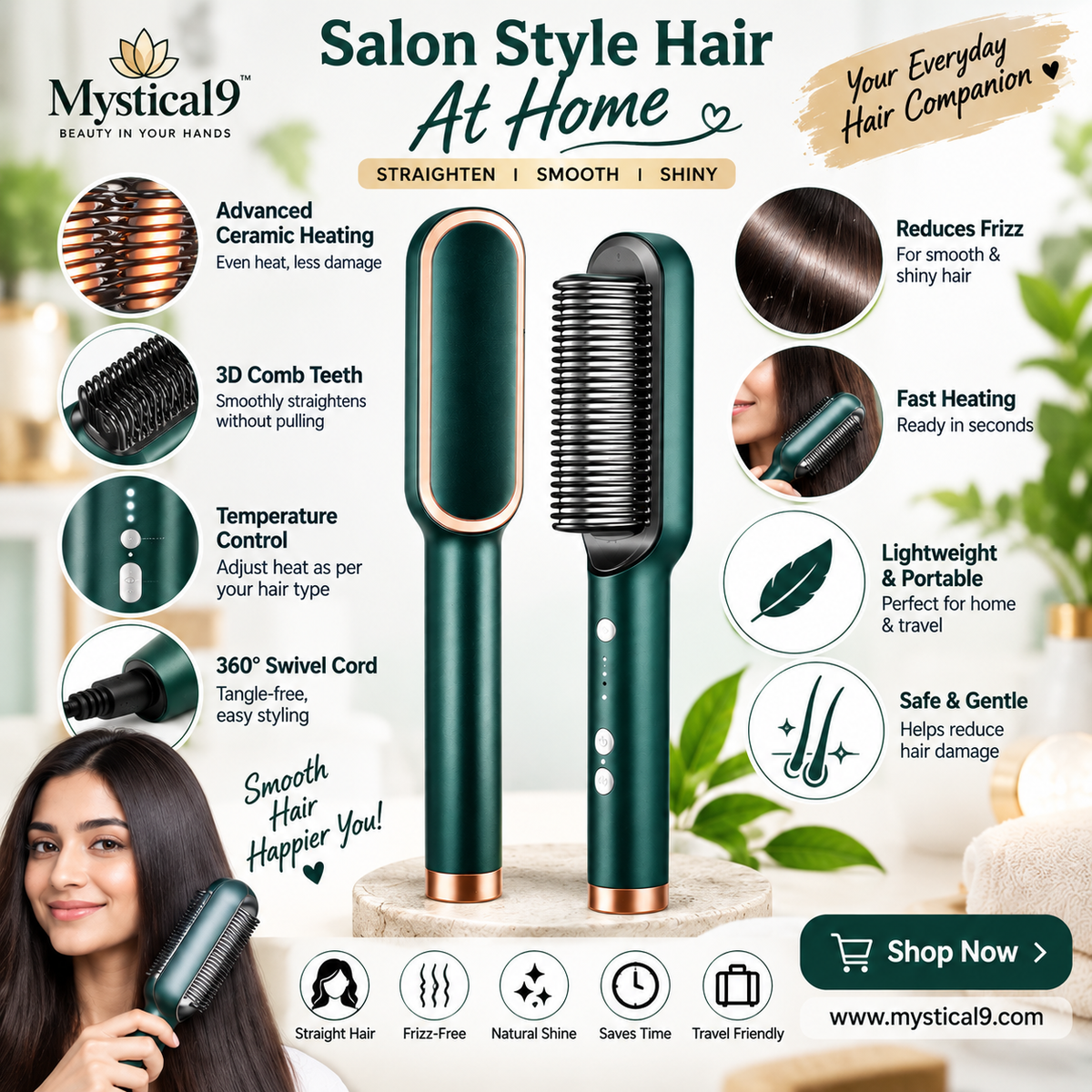 Mystical9  Hair Styling 3-in-1 Straightening Brush – Smooth, Shiny & Salon-Style Hair