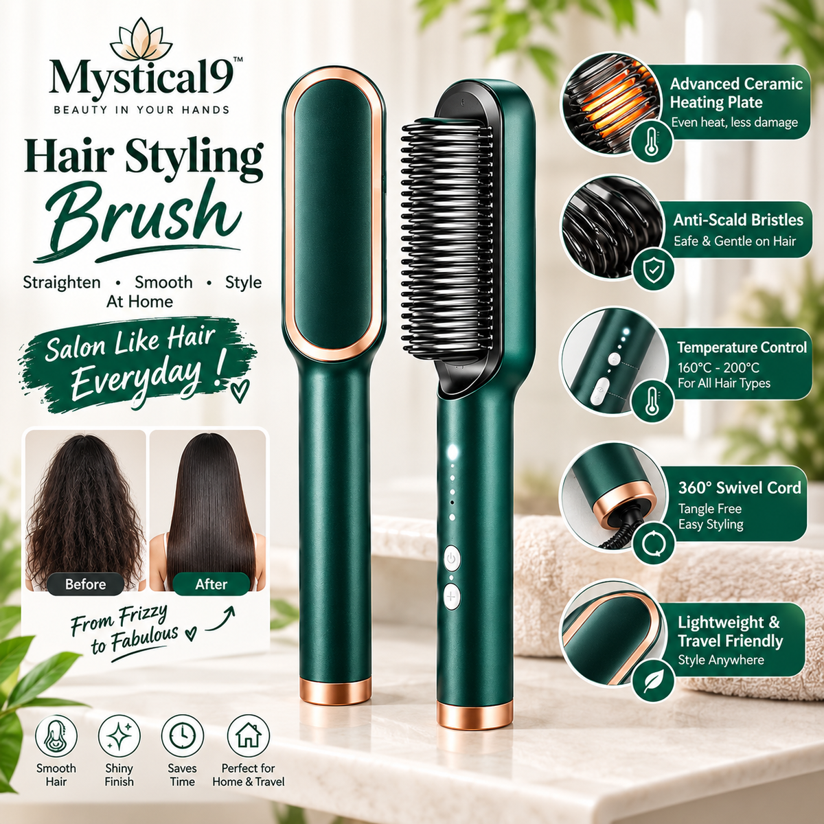 Mystical9  Hair Styling 3-in-1 Straightening Brush – Smooth, Shiny & Salon-Style Hair