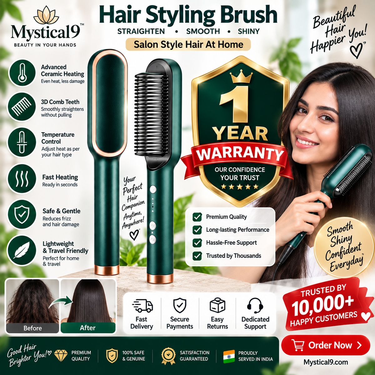 Mystical9  Hair Styling 3-in-1 Straightening Brush – Smooth, Shiny & Salon-Style Hair