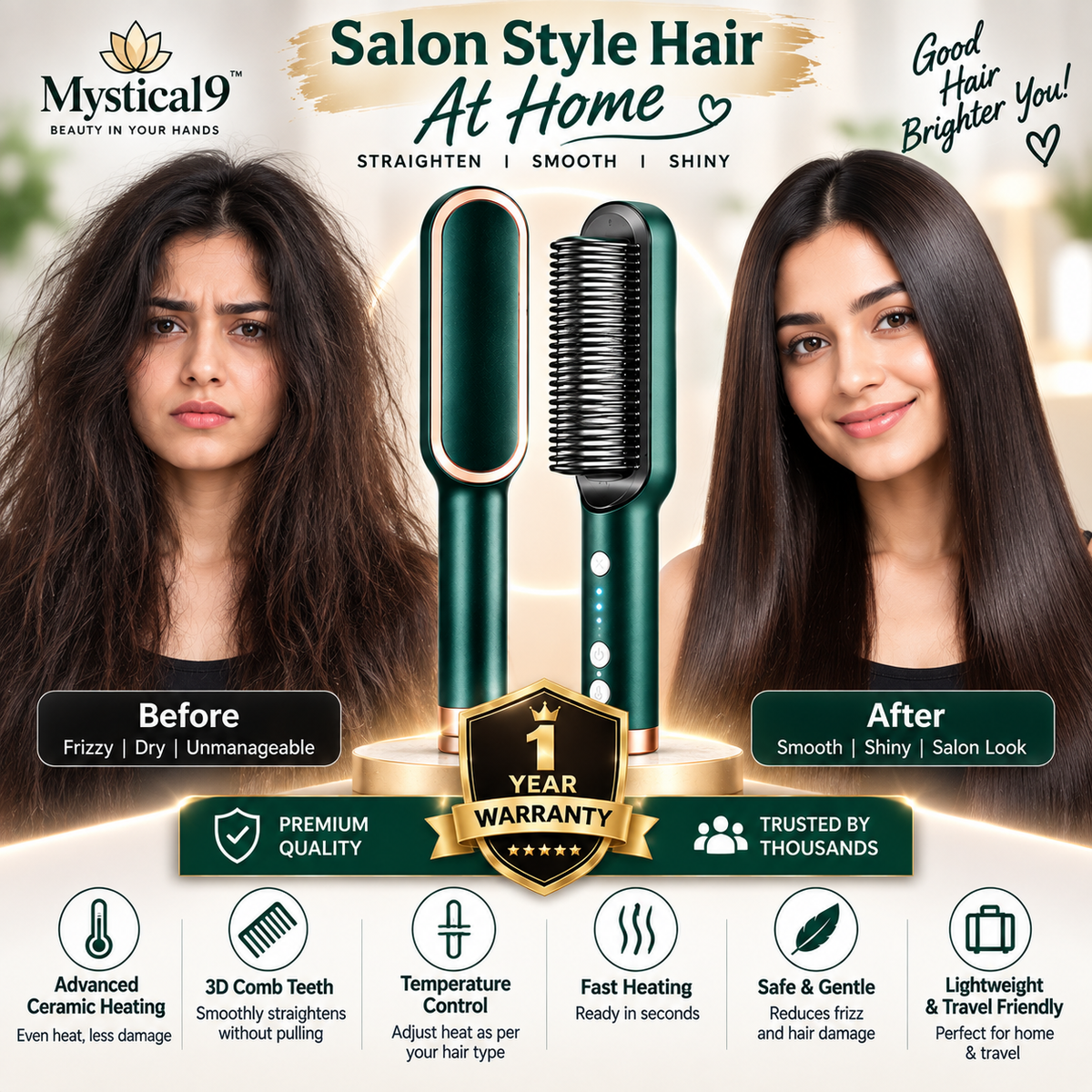 Mystical9  Hair Styling 3-in-1 Straightening Brush – Smooth, Shiny & Salon-Style Hair