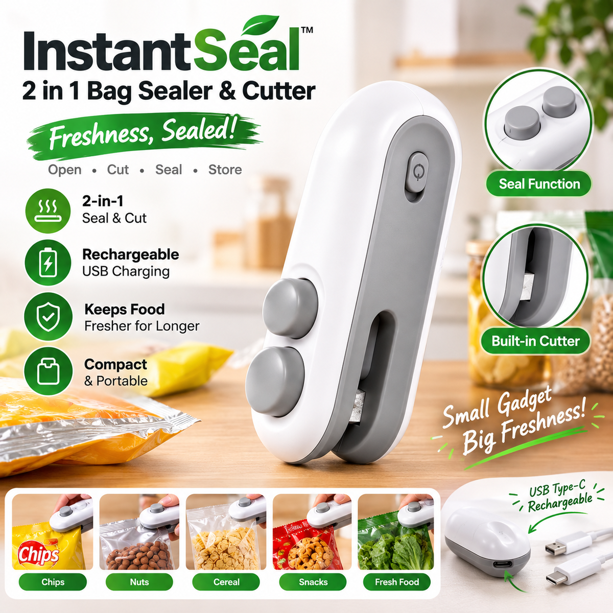 InstantSeal - 2 in 1 bag sealer & cutter | rechargeable