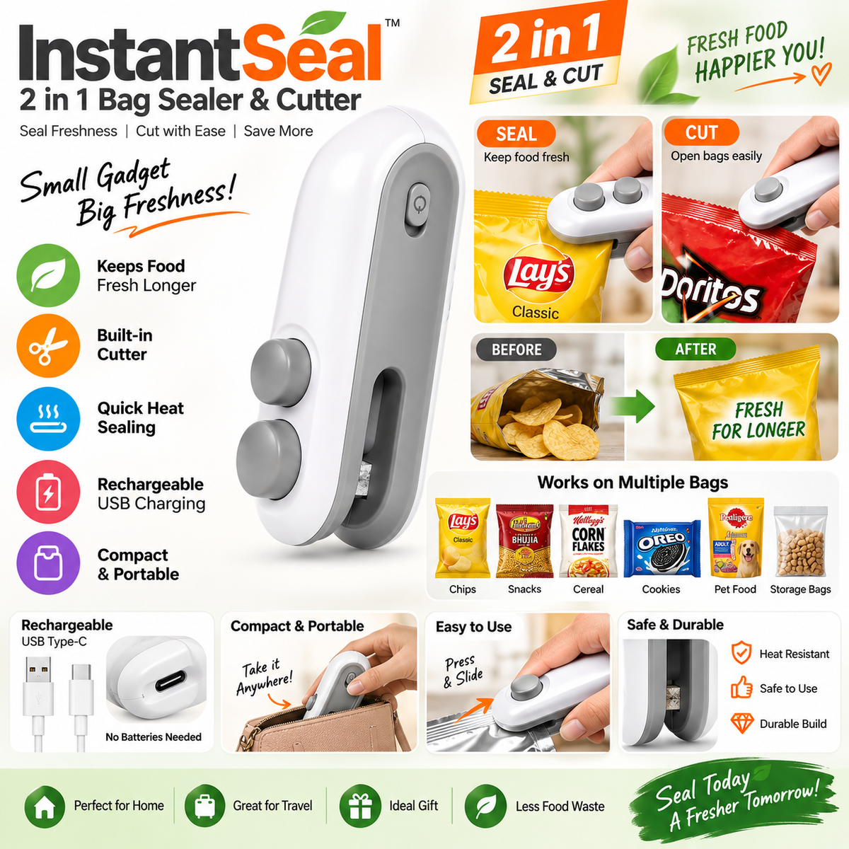 InstantSeal - 2 in 1 bag sealer & cutter | rechargeable