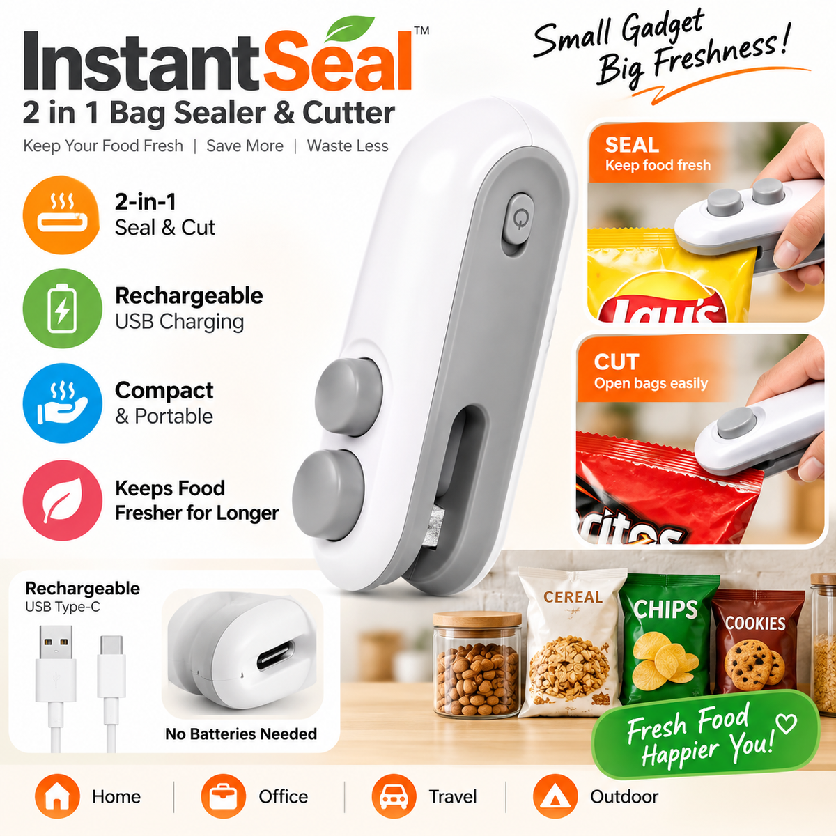 InstantSeal - 2 in 1 bag sealer & cutter | rechargeable