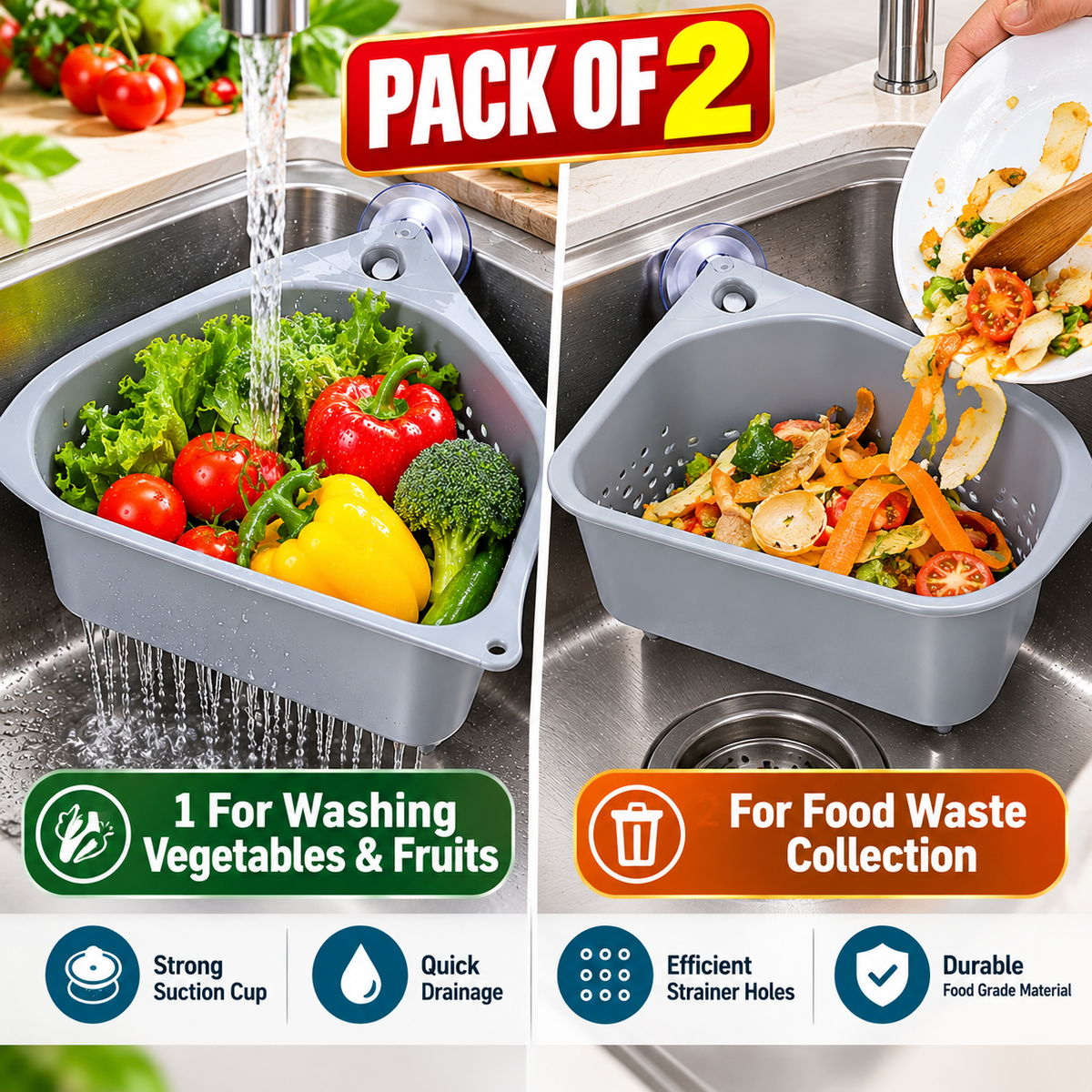 Smart Sink Strainer Basket – Wash & Collect Waste | Pack of 2