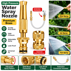 PowerJet Brass Water Spray Nozzle – Adjustable 3 Modes 1/2" Hose